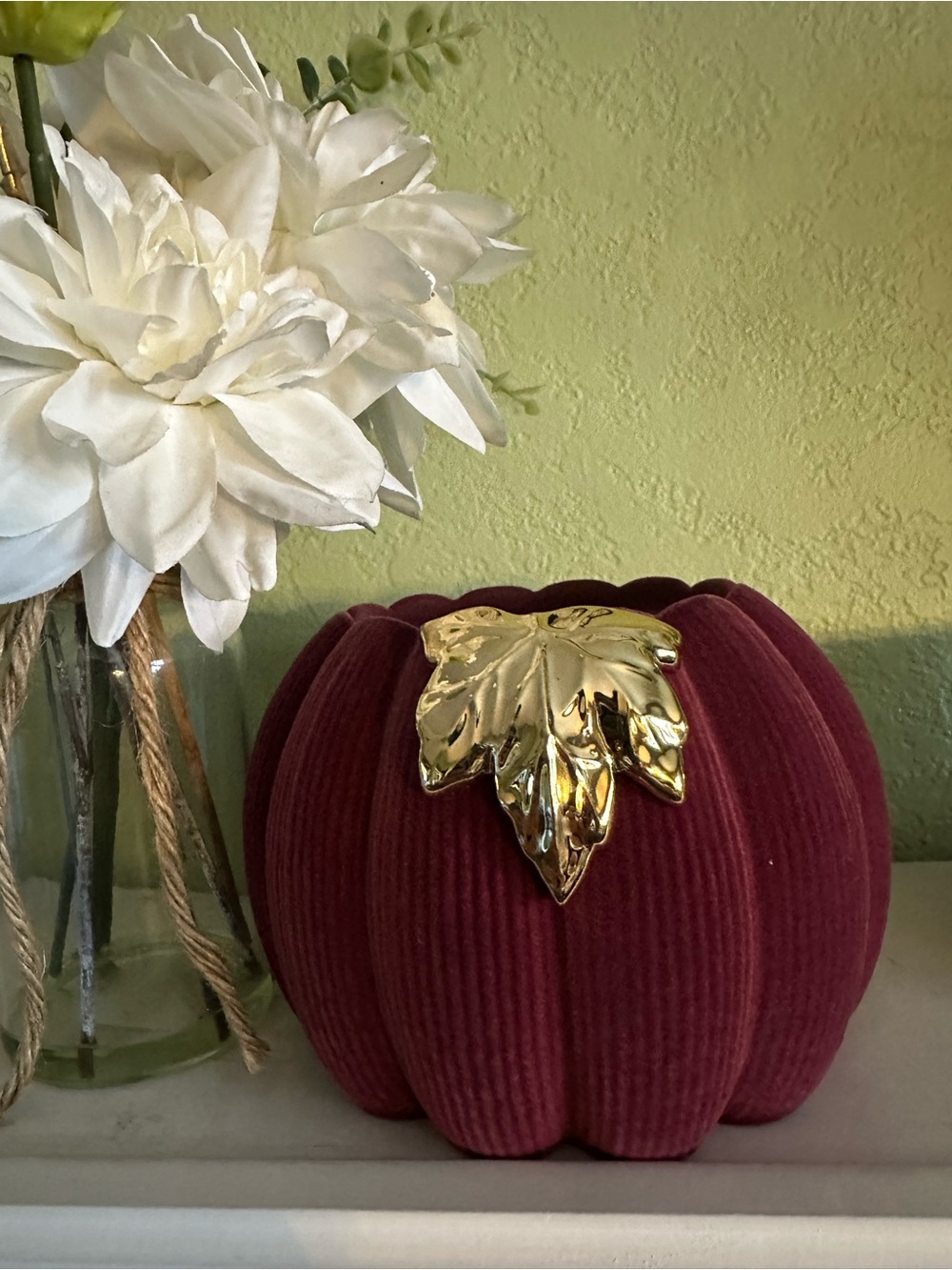 NEW BBW BEAUTIFUL CORDUROY VELVET PUMKIN CANDLE HOLDER W/ GOLD LEAF
